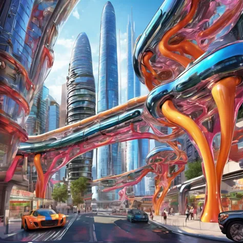 A great futuristic metropolitan made of glass and steel where tall buildings are shaped liked dildos and vehicles are individual...