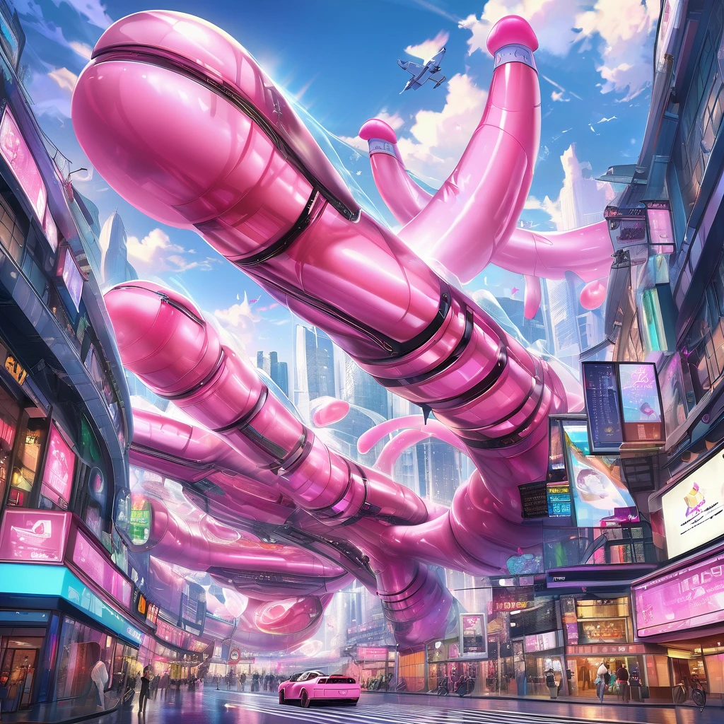 A great futuristic metropolitan made of glass and steel where tall buildings are shaped liked dildos and vehicles are individual sperm with wheels and windows moving down the streets. Tunnels look like vaginas. Hyper realistic, vibrant colors, 16k