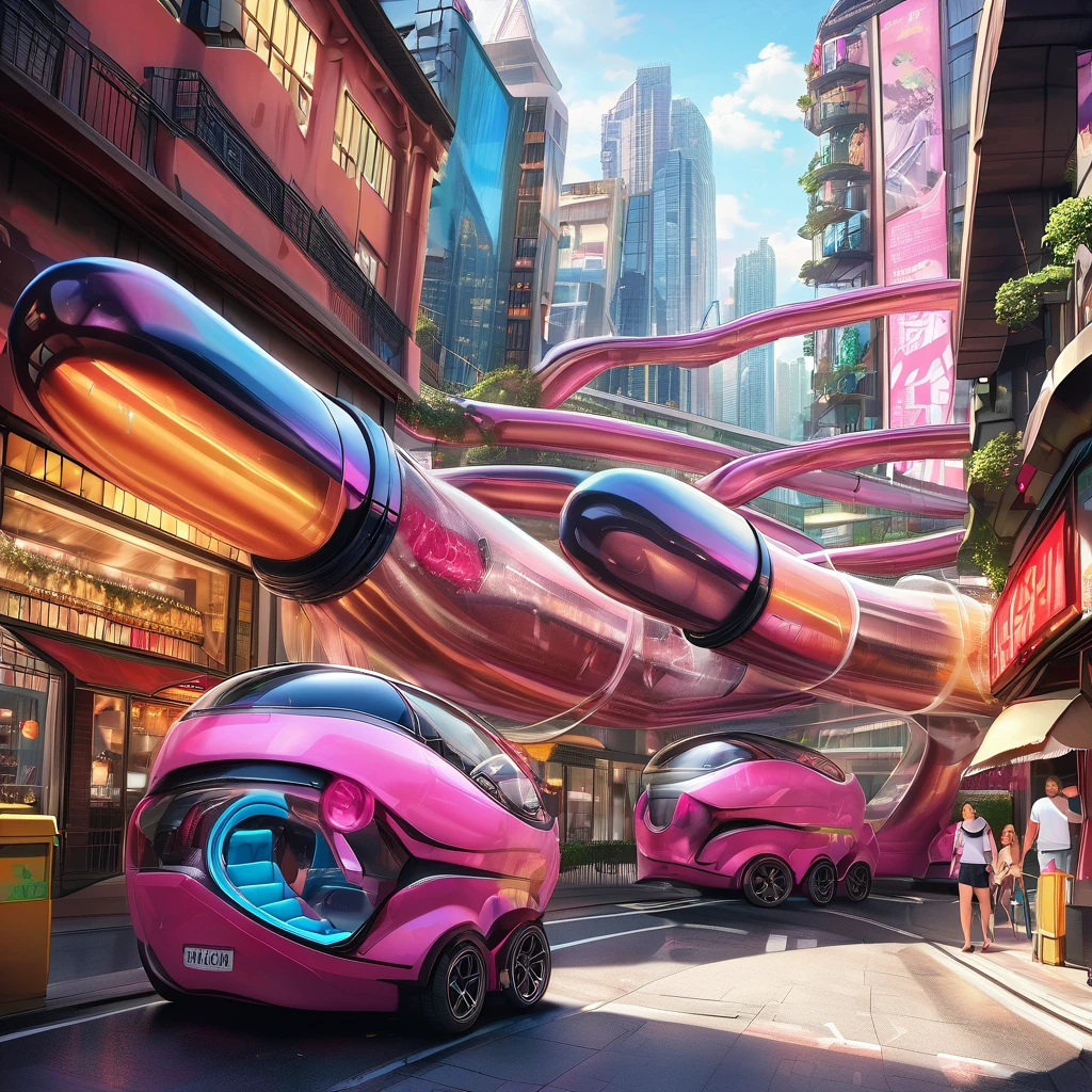 A great futuristic metropolitan made of glass and steel where tall buildings are shaped liked dildos and vehicles are individual sperm with wheels and windows moving down the streets. Tunnels look like vaginas. Hyper realistic, vibrant colors, 16k