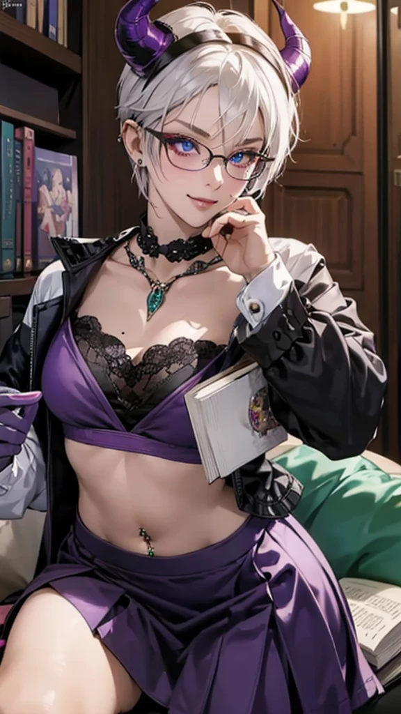 8k, masterpiece, best quality, highly detailed, 1 girl, tiefling, warlock, multicolored hair, very short straight hair green highlight hair on white hair, strippled hair, wearing glasses, round glasses, earrings, red eyeshadow, long eyelashes,navel piercing, blushed cheek, necklace, collarbone, high heels, mole, glamorous, purple and teal clothing, villainy, smirk, seductive face, fullbody view, rings, looking at viewer, standing, demon horns, solo, hand touching cheek, library, black lace gloves, holding book, miniskirt.