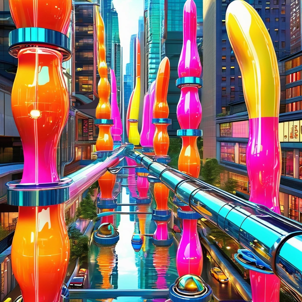 一个由玻璃和钢铁制成的未来大都市，高楼大厦的形状像假阳具，车辆是带有轮子和窗户的个体精子，在街道上行驶. 隧道看起来像阴道. 超现实主义, 鲜艳的色彩, 16千
