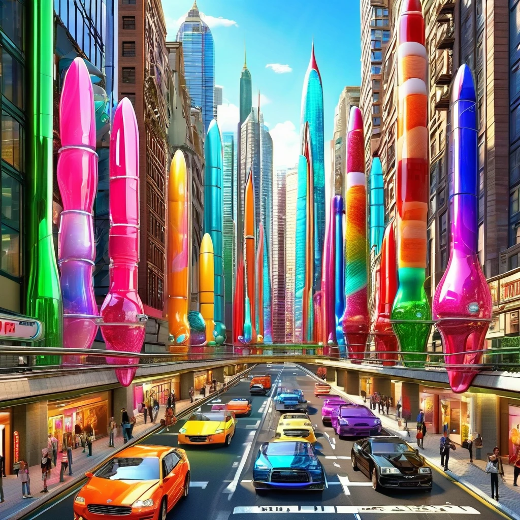 A great futuristic metropolitan made of glass and steel where tall buildings are shaped liked dildos and vehicles are individual sperm with wheels and windows moving down the streets. Tunnels look like vaginas. Hyper realistic, vibrant colors, 16k