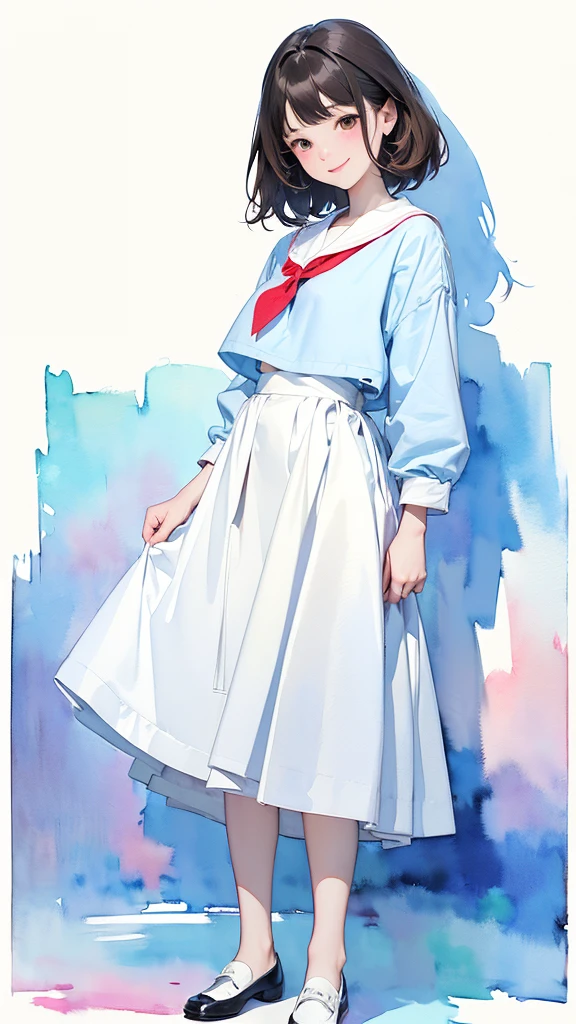 (1 Girl、alone、whole body、natural standing posture)、(Standing casually)、(whole body:1.4)、(whole bodyショーケース)、(whole bodyを見せる)、((Character Concept Art))、(Portraiture:1.2)、(Detailed facial depiction、A kind smile)、Short dark brown hair、White Sailor Suit、Navy blue sailor collar、uniform、Long skirt、Pleated skirt、shoes、loafers、(Vintage、Classic)、((No background))、((White Background))、Blur the background、(No logo)、((Watercolor of singer Sargent))、Impressionist style painting、(Highest quality、masterpiece)、