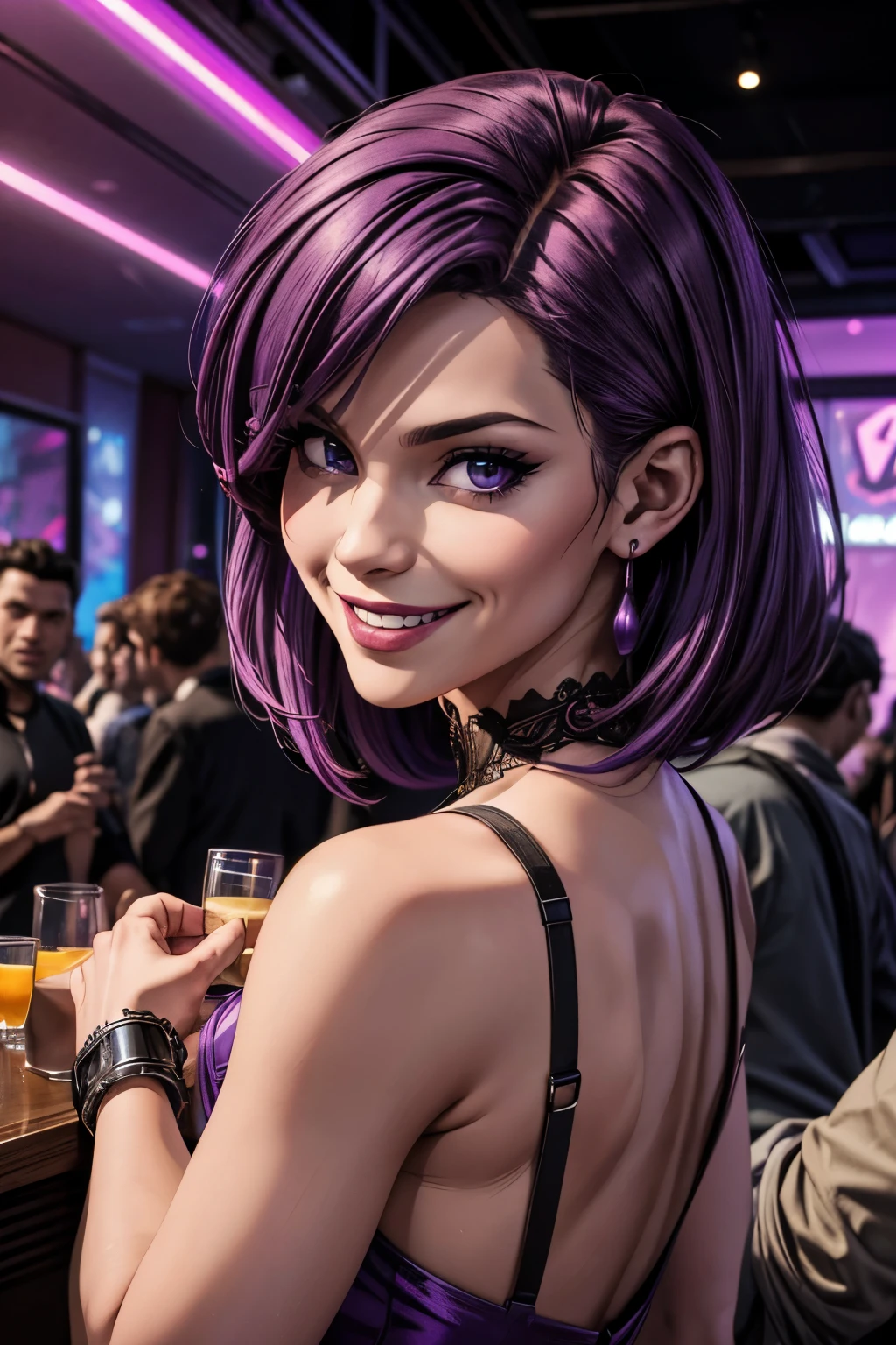 a purple haired woman, box cut hair, mingling among a crowd at a night club. She smiles at the camera with a wicked sinister smile.(highres:1.3), (4k,8k,best quality, masterpiece), intricate details, (detailed hands and fingers)