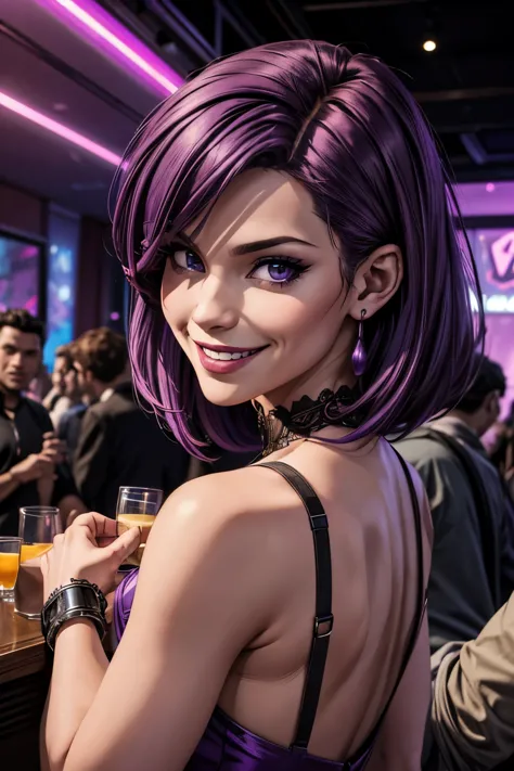 a purple haired woman, box cut hair, mingling among a crowd at a night club. She smiles at the camera with a wicked sinister smi...