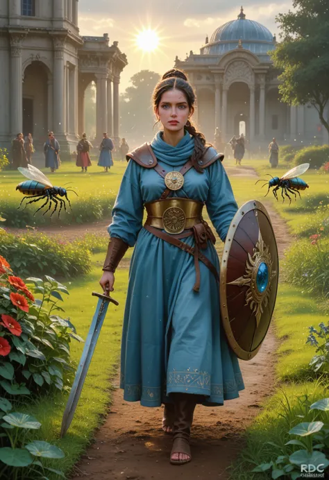 a beautiful woman warrior walking in a fantastic garden, in a rainy day, in the grass many insects an animals stay here, she hav...