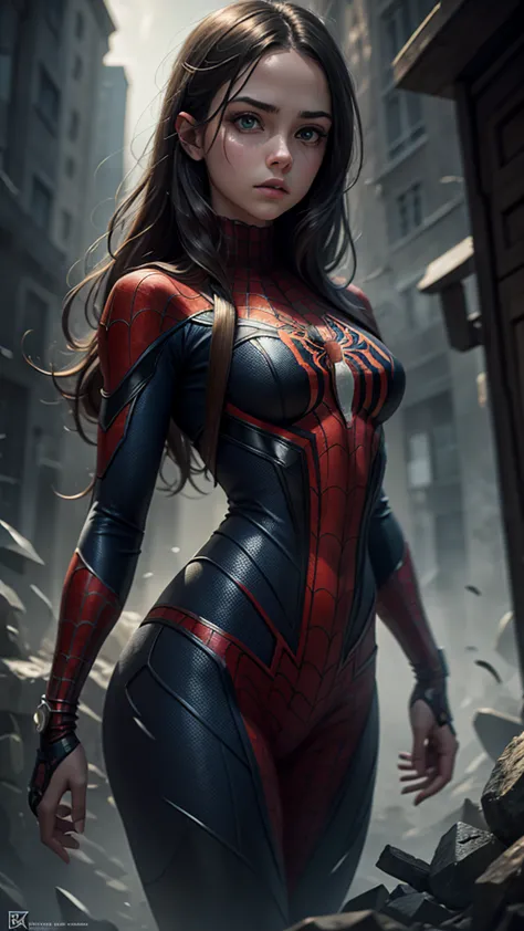 A girl wearing a Spider-Man costume, extremely detailed, highly realistic, cinematic lighting, dramatic colors, muted tones, moo...