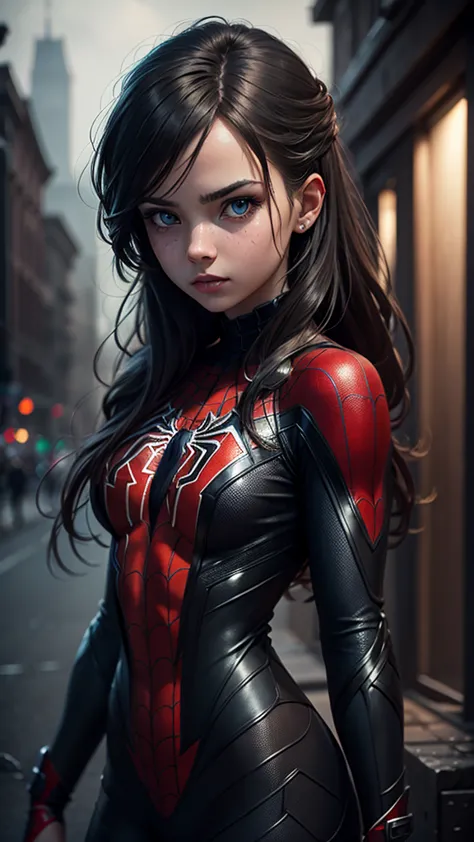 A girl wearing a Spider-Man costume, extremely detailed, highly realistic, cinematic lighting, dramatic colors, muted tones, moo...