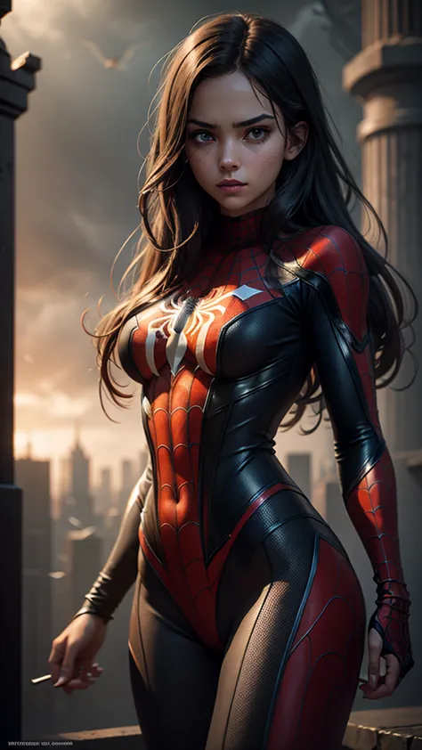 A girl wearing a Spider-Man costume, extremely detailed, highly realistic, cinematic lighting, dramatic colors, muted tones, moo...