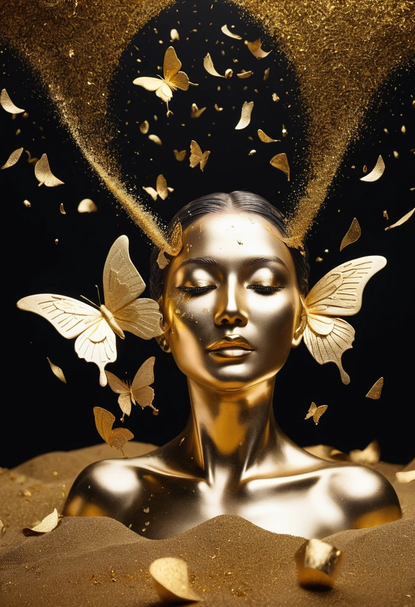 Gold Leaf Art：1.5.Made of platinum，gold mask，statue，Flowing golden sand beach，Still Life Table Setting，Dark background，Woman portrait sculpture，look up，Golden butterfly on cheek，Hollow butterfly wings，Gold Dust，Gold particles modern style, high resolution, artwork，Advanced composite technology，(((Golden confetti falling in the air，Gold foil confetti：1.5)))