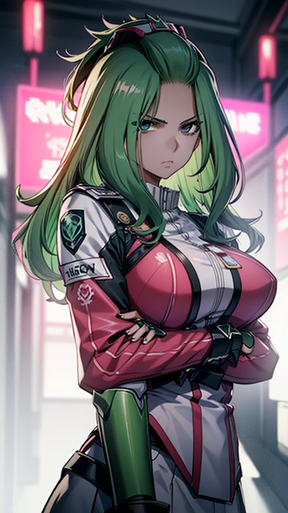 Anime, 1 girl, extremely large hairstyle, Bangs pinned back, seafoan-green colored hair, teared student uniform, half-machine arms, bionical gauntlets, busty, gorgeous plump body, pink teared student uniform, mechanical swords around her, Gray eyes, painful expression, bloodstained