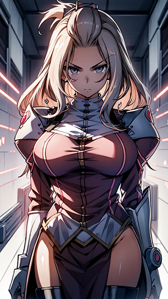 Anime, 1 bloodstained girl, extremely large hairstyle, Bangs pinned back, grey colored hair, teared student uniform, half-machine arms, bionical gauntlets, busty, gorgeous plump body, pink teared student uniform, mechanical swords around her, Gray eyes, painful expression, bloodstained