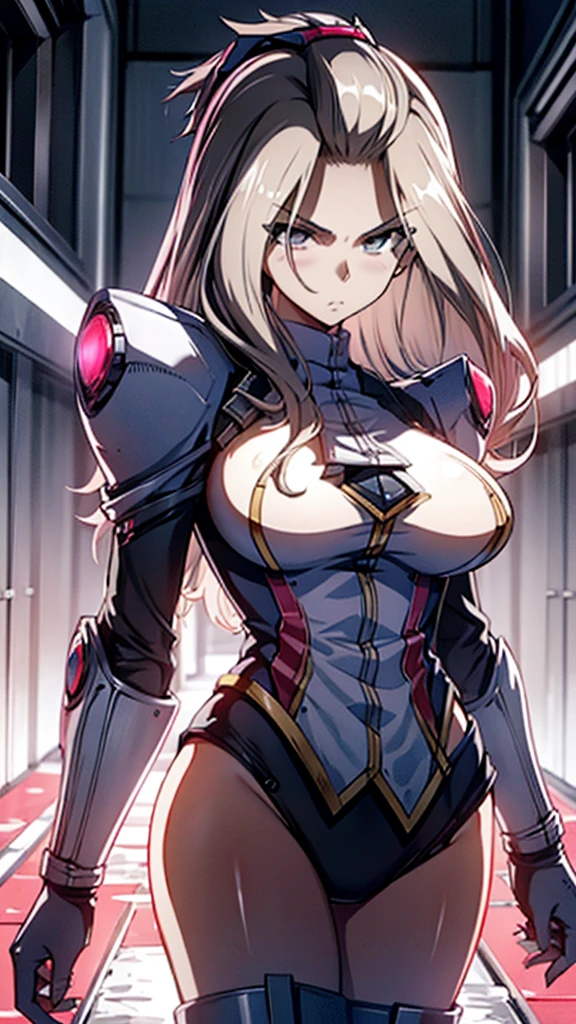 Anime, 1 bloodstained girl, extremely large hairstyle, Bangs pinned back, grey colored hair, teared student uniform, half-machine arms, bionical gauntlets, busty, gorgeous plump body, pink teared student uniform, nano-robots around her, Gray eyes, painful expression, bloodstained