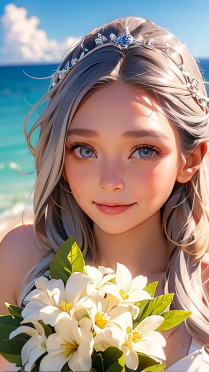 highest quality、Realistic、zoom、Chestnut Hair、Gray Eyes、Silver Hair、Wedding dress、tiara、Sunburned、Tan、Brown Skin、Sweat、smile、、Ocean、Chubby、