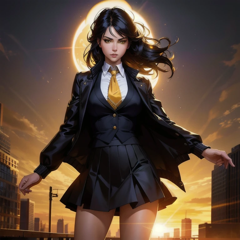 1 girl, intricate-detail, work of art, best qualityer, extremely detaild,cinematic lighting, beautiful detailed glowing, beautiful face and finely detailed eyes, 8K, dark intense shadows, yellow  eyes, medium hair, Bblack hair, bangss, floating hair, Black jacke, open jacket, white  shirt, unexpressive, yellow tie, Black Skirt, searchlight, sunshine light, rise sun, gradient sky, citys, Lens flare, cowboy shot, [[curved]], [mature woman]