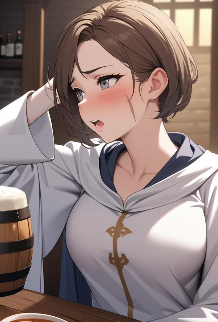 Adult Female, very short brown hair, grey eyes, scar on left cheek, drunk, white on white cleric robes, fantasy tavern, drinking from tankard, not looking, far away, repressed sadness, supressed emotions, highly detailed, extreme detail, high quality, perfect anatomy