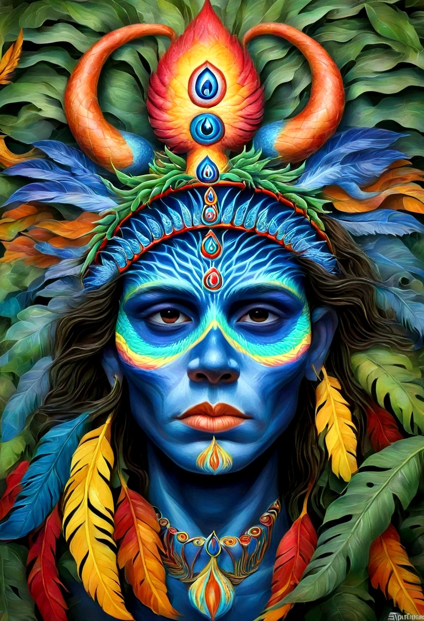 old shaman wearing a feather headdress. psychedelic third eye in the middle of the forehead. face and body covered in paint. protruding from nature, surrounded by tropical animals, colorful snakes, branches, photorealistic leafy trees