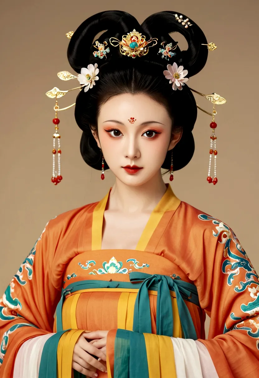 beautiful girl portrait，fairy，symmetry，round face，bright eyes，smooth skin，chinese tang dynasty flag costume,egotistical,high bun...