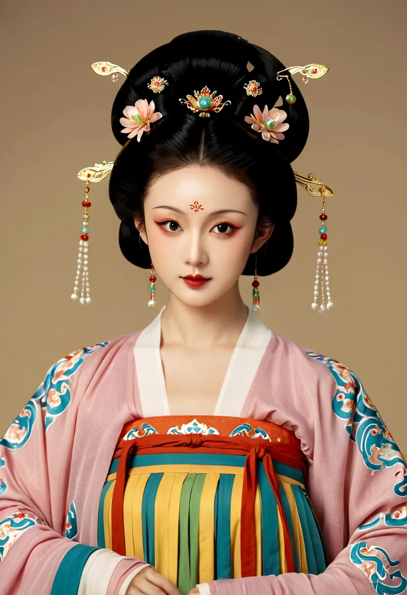 beautiful girl portrait，fairy，symmetry，round face，bright eyes，smooth skin，chinese tang dynasty flag costume,egotistical,high bun...