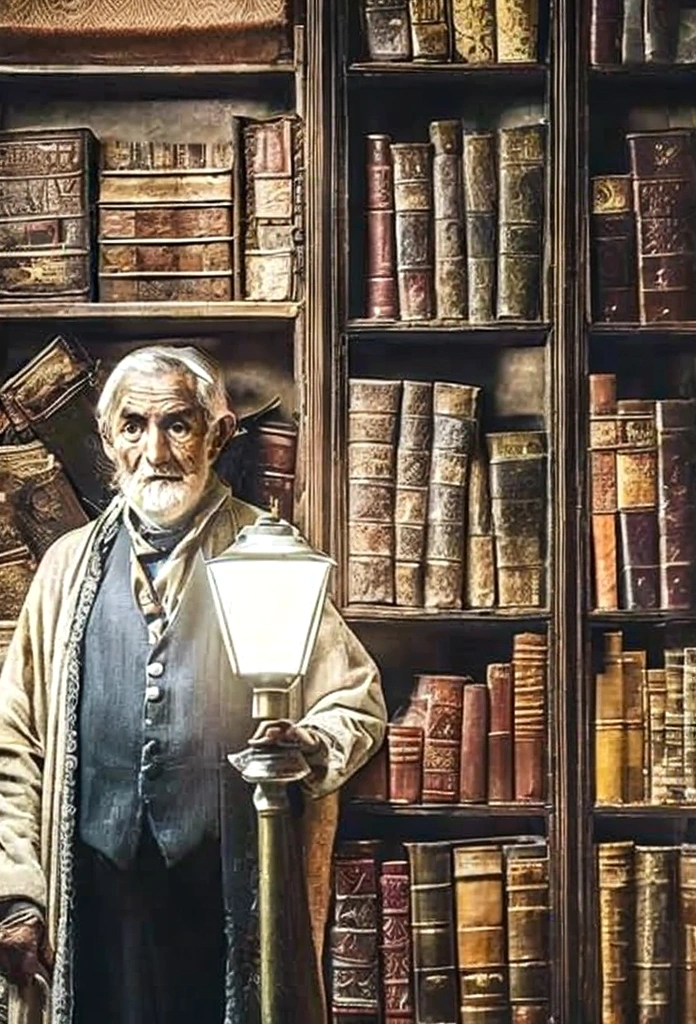 PromptEater前面站著一位睿智的老人, 被燈的光照亮, 以圖書館為背景