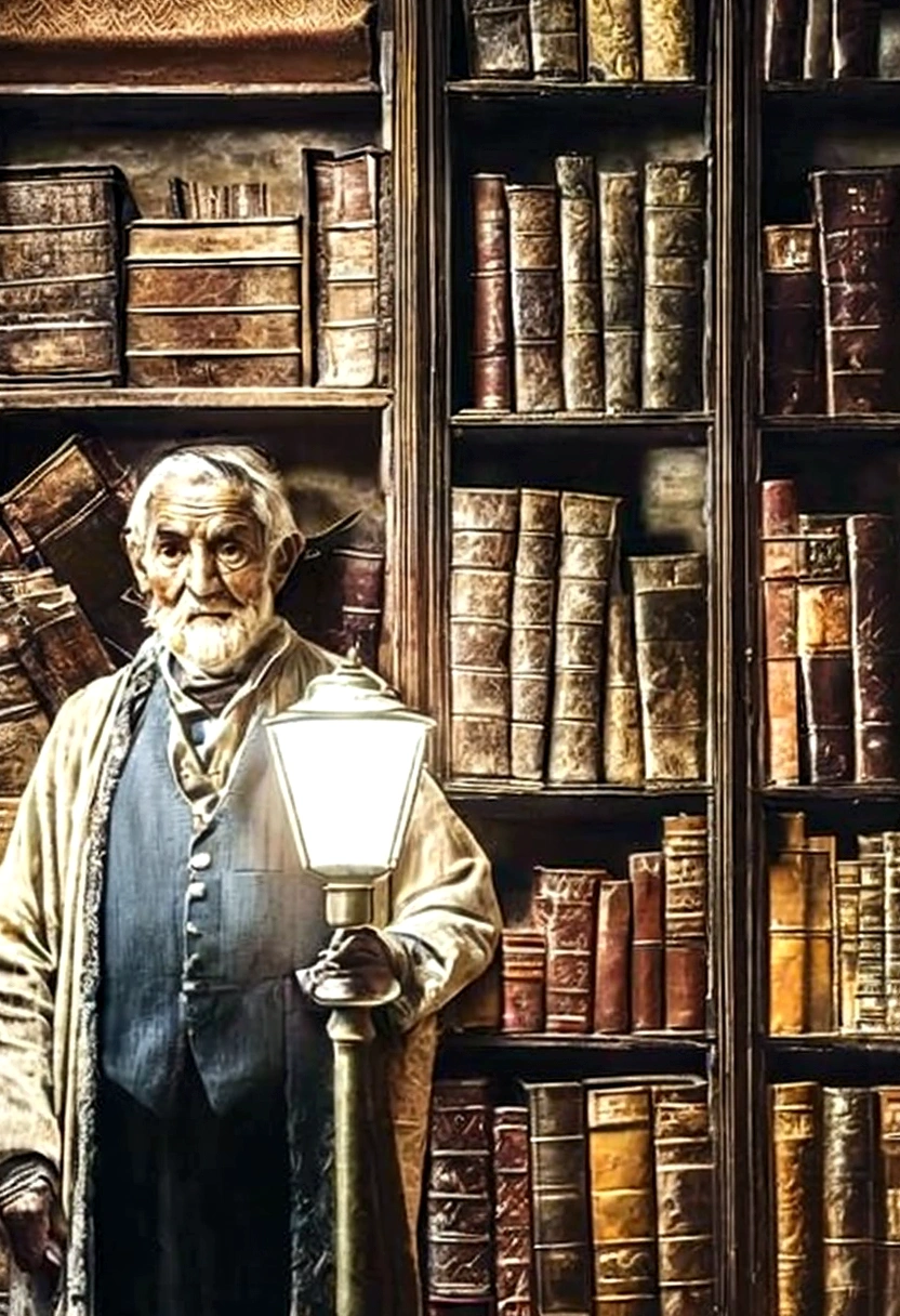 一位睿智的老人站在前面, 灯光照亮, 以图书馆为背景, 数字艺术, 非常详细, 真实感, 戏剧灯光, 暖色调, 复杂的纹理, 8千, 杰作