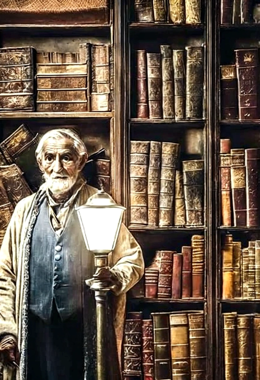 Un vieil homme sage debout devant, éclairé par la lumière d&#39;une lampe, avec une bibliothèque en arrière-plan, art numérique, très détaillé, photoréaliste, éclairage dramatique, tons de couleurs chaudes, textures complexes, 8k, chef-d&#39;œuvre