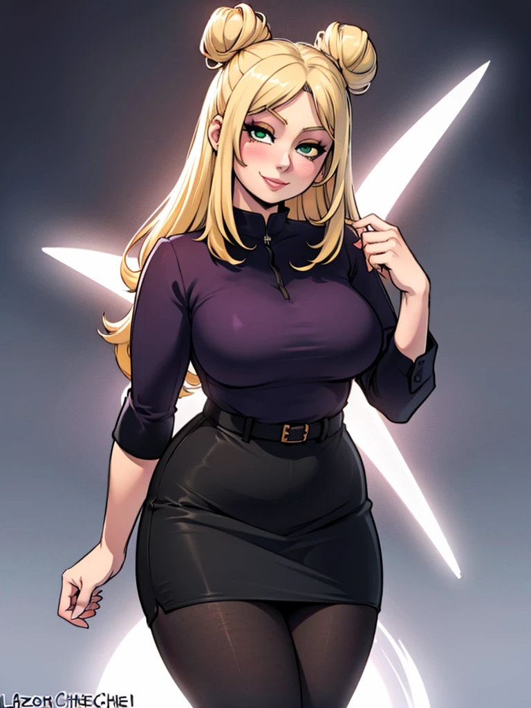 high_aesthetic,art by Lazorchef, ((Masterpiece, best quality, perfect lighting, amazing shading)), perfect anatomy, field of depth, extremely beautiful, blonde hair in a bun, green eyes, black pencil skirt, dress shirt, pantyhose, cute smile, (curvy), blushing, (cowboy shot), (cute pose), simple background