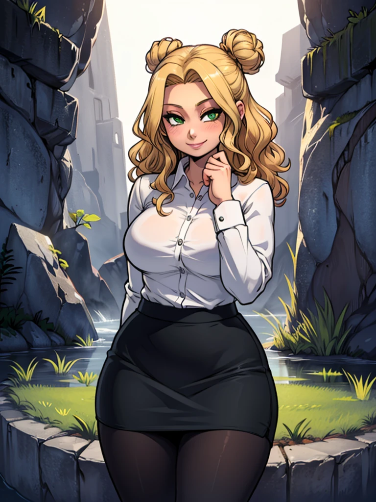 high_aesthetic,art by Lazorchef, ((Masterpiece, best quality, perfect lighting, amazing shading)), perfect anatomy, field of depth, extremely beautiful, blonde hair, long wavy hair, bun, green eyes, black pencil skirt, dress shirt, pantyhose, cute smile, (curvy), blushing, (cowboy shot), (cute pose), simple background