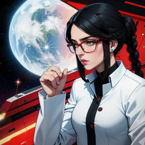 high definition,woman,small size,bblack hair,double braid hairstyle,bang,greeneyes,red glasses,in formal dress,'s uniform,white ...