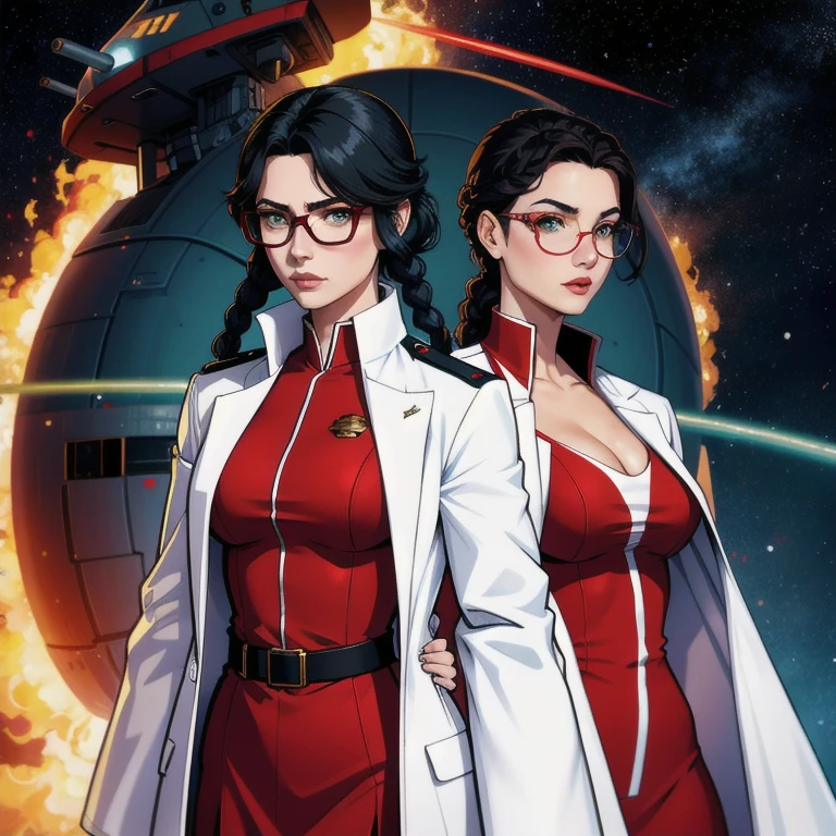 High definition,Woman,small size,Bblack hair,double braid hairstyle,bang,greeneyes,red glasses,in formal dress,'s uniform,White coat,dark expression,karoship,aircraft carrier ship, futurist, Science fiction, karoplane, space, karo