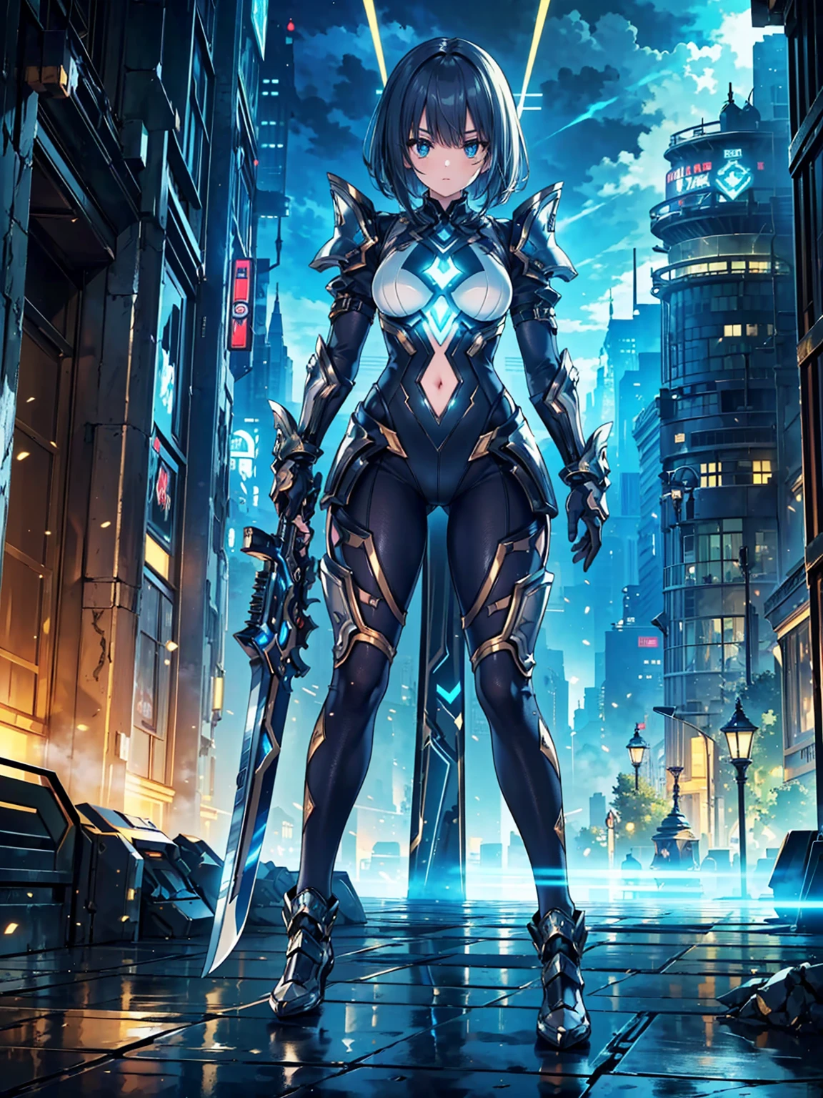 (((masterpiece, highest quality, 8k)))(((masterpiece, best quality, high detailed, 8k))) Design a layout showcase Gaming character, (1girl). Blue+Silver high-tech battle suit, stylish and unique. ((weapon:1.4)), energy blaster. (masterpiece:1.2), (best quality), 4k, ultra-detailed. (luminous lighting, atmospheric lighting). futuristic warrior, ((glove full hands)), (((revealing clothes:1.3))), high-tech vambraces, armored legwear, (((full_body_shot:1.4))). {In a futuristic cityscape}.

