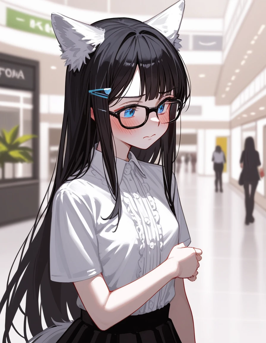 Solo, score_9,score_8_up,score_7_up, source_furry, a young nerdy Anthro furry wolf girl, wolf snout, white furry body, white fur, detailed fur, tall, long black straight hair, elegant black hair, hair clip, white wolf tail, blue eyes, black glasses, white wolf ears, white wolf tail, small breasts, wearing elegant white short sleeve blouse, short black skirt, fidgeting, embarrassed expression, pouting, blushing, looking away, outdoors at a mall, upper body shot,