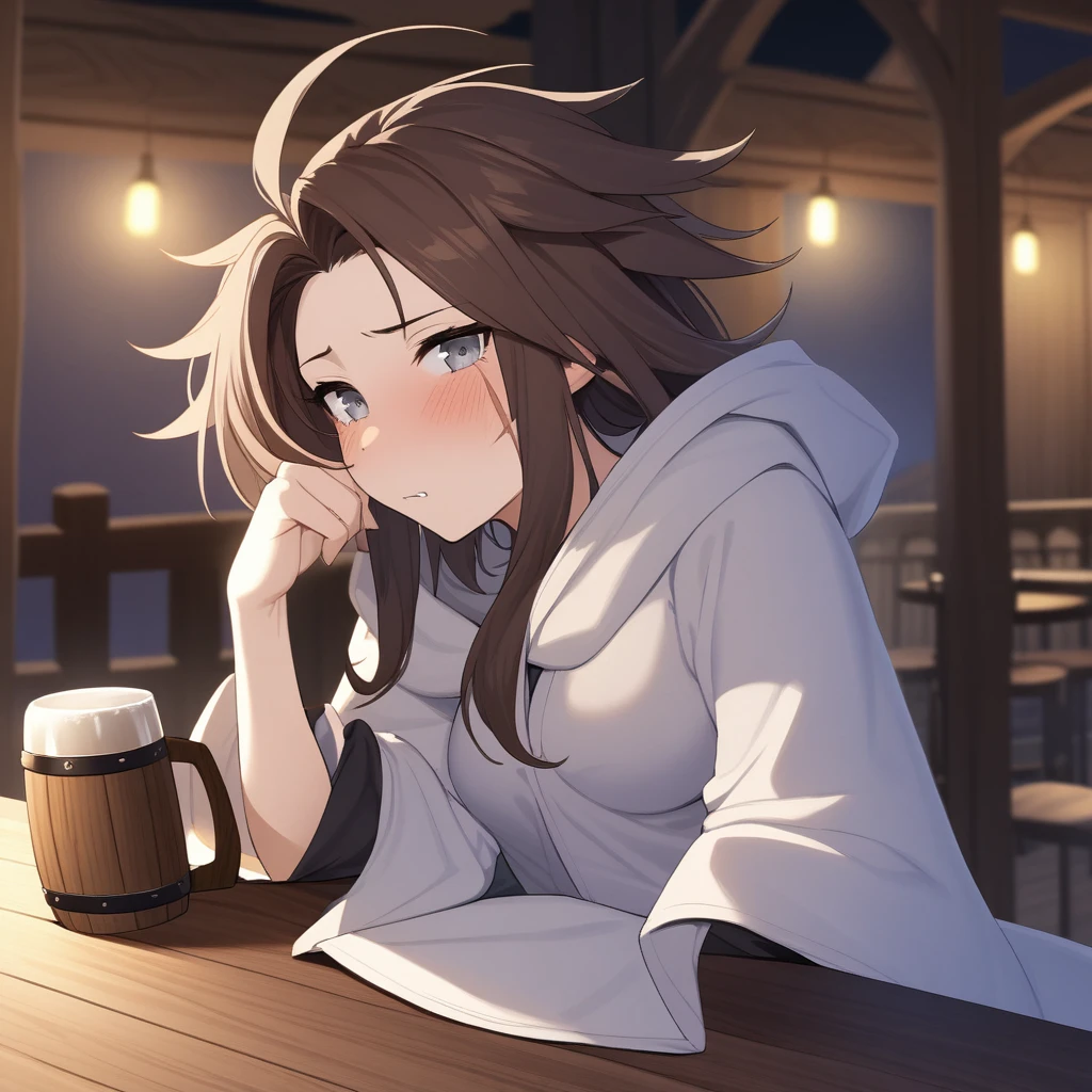 Adult Female, very short brown hair, grey eyes, scar on left cheek, drunk, white on white cleric robes, fantasy tavern, nighttime, mixed patrons, drinking from tankard, not looking, far away, apathetic, highly detailed, high quality, perfect anatomy, tired, messy hair