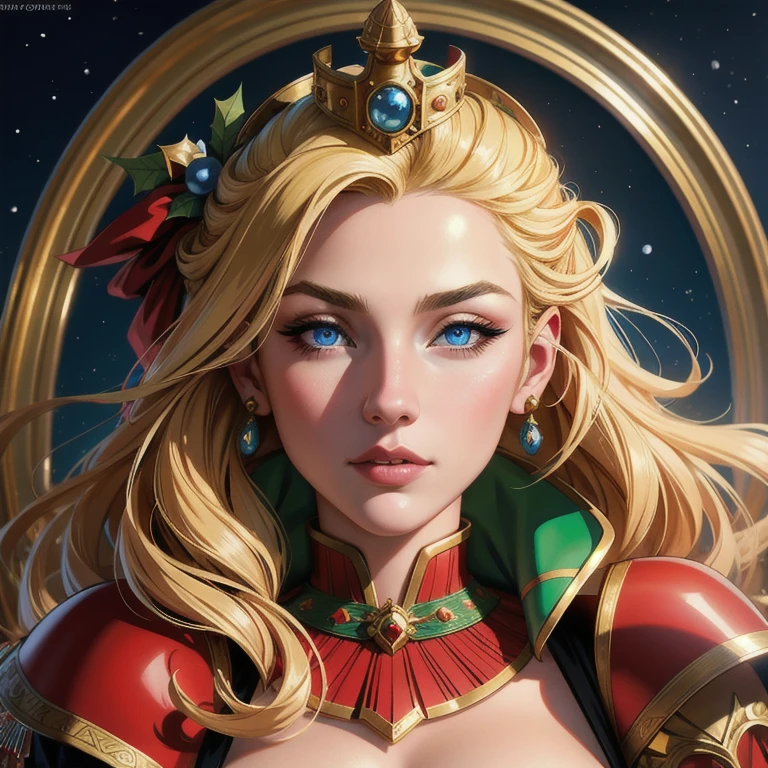 a beautiful portrait of empress, hair blonde, perfect blue  eyes, with a brilliant, impossible to reach the big Christmas helmet, Santa Claus clothes, all Christmas, neve, Symmetrical, dramatic studio lighting, rococo, Baroque, greens, Asian, Hyper-Realism, close up, d&d, fancy, intricate, chic, highy detailed, digitalpainting, art station, octane rendering, 8K, conceptual artwork, mattey, sharp focus