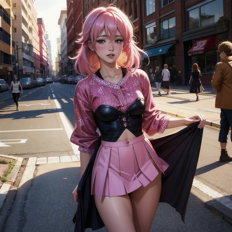 work of art, best qualityer, high resolution, absurderes, 1 girl, crowd, overskirt, pink  hair, gasai yuno, from low, revealing clothing, cutaneous dentition, plein-air, lighting sun, Street, gazing at viewer, blush,