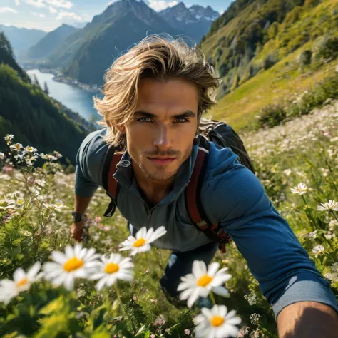 Behold a fashion editorial photo shoot featuring a photogenic and charming bleached blonde hair, 23 years old male supermodel, s...