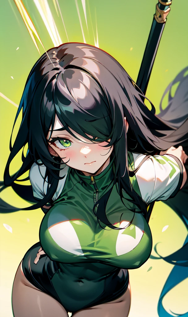 Milf with long black hair with one covering her eye wearing a black training outfit along with large pairs of breasts while having a calm expression on her face holding a spear with light green eyes,anime styling