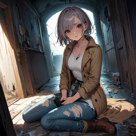 (Suspense Scene ((Concept Art)), Highly detailed image of a girl in jeans and a brown coat and boots), (Better lighting, Better ...