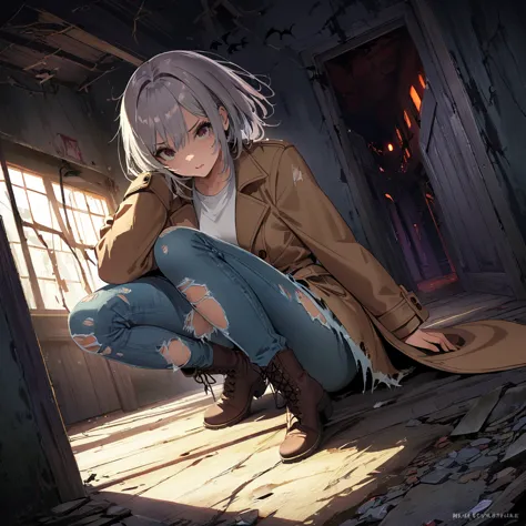 (Suspense Scene ((Concept Art)), Highly detailed image of a girl in jeans and a brown coat and boots), (Better lighting, Better ...