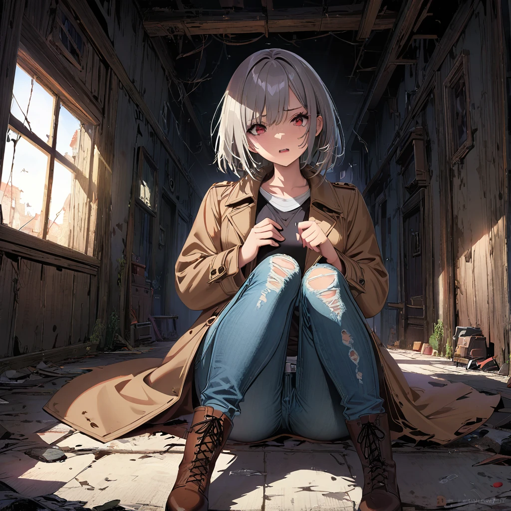 (Suspense Scene ((Concept Art)), Highly detailed image of a girl in jeans and a brown coat and boots), (Better lighting, Better Shadows, Very delicate and scary), (Digital Illustration), ((4K Painting)), [(Dynamic Angle,((One girl)),Gray Hair, (Beautiful Face, Perfect Face, Scared,) Expressions of fear, Torn clothes, Holding a gun in your hand, Sitting on the floor, darkness, Scary House),  [:(dark, mysterious, Game Paint, An ominous setting, Jagged Hallway, Big House, Deathly Silence):]