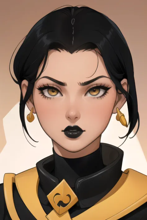 Azula. very short hair. choker. Amber gold eyes. black hair. black lips. tshirt. a photo of a face in the vicinity. earplug 
