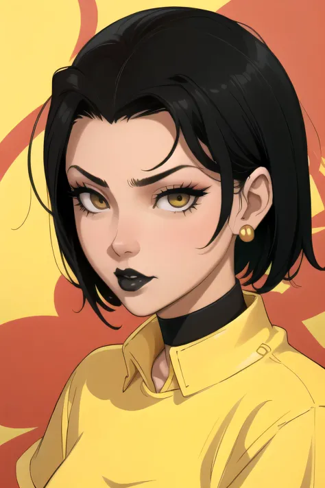 Azula. very short hair. choker. Amber gold eyes. black hair. black lips. tshirt. a photo of a face in the vicinity. earplug 
