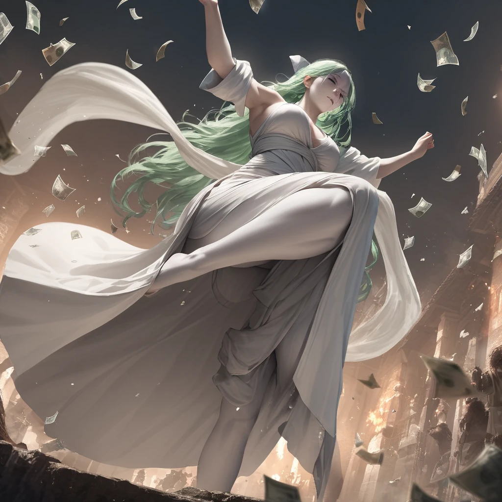 masterpiece, Highest quality, Realistic, (1 Girl: 1.3), green、Money、White clothes, Shawl Long Hair, Jump, leap, dance, green、Money、White clothes, Long skirt, Long scarf, Flowing, Light Armor, Pure white skin, Bare shoulders, whole body, (From below:1.5), martial arts, dynamics, inflammation, particle