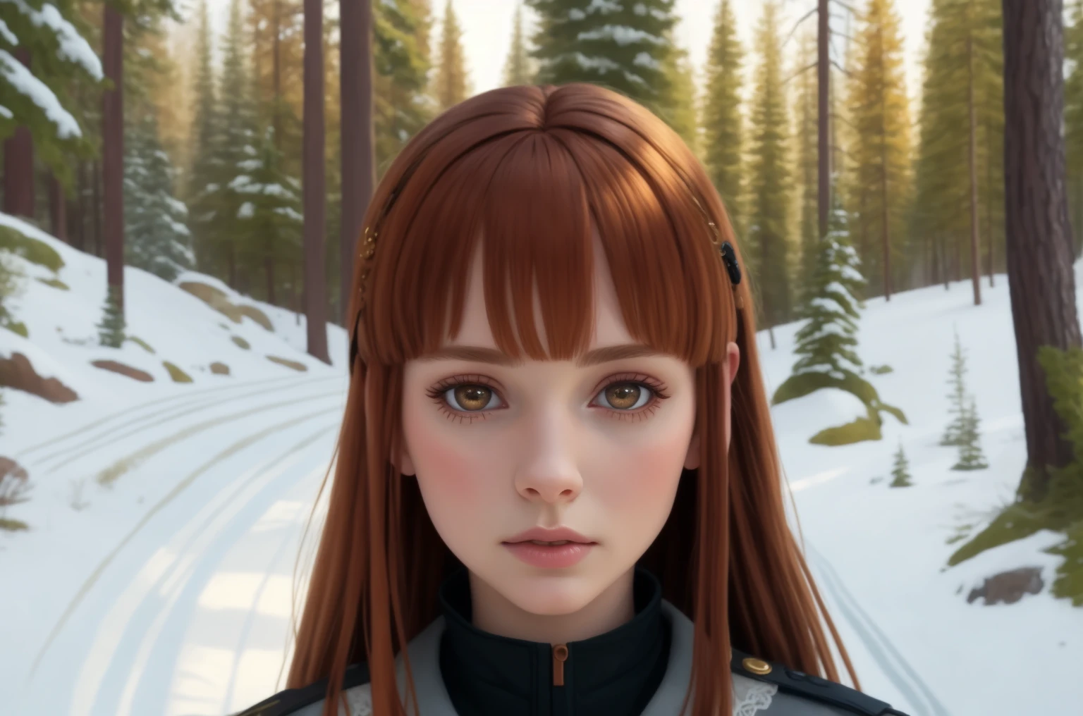  blythedoll Masterpiece, Best Quality, anything, 8k, anything, 8k,  awarded , (sharp focus, intricate, Very detailed) field cleaning, a girl with a large head and touching brown eyes, copper brown hair with blonde half bangs, forest, with horizontal septum and labret piercing 