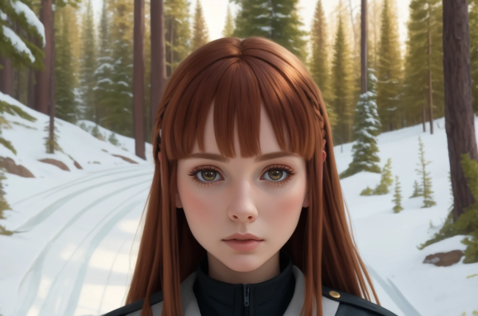  blythedoll Masterpiece, Best Quality, anything, 8k, anything, 8k,  awarded , (sharp focus, intricate, Very detailed) field cleaning, a girl with a large head and touching brown eyes, copper brown hair with blonde half bangs, forest, with horizontal septum and labret piercing 