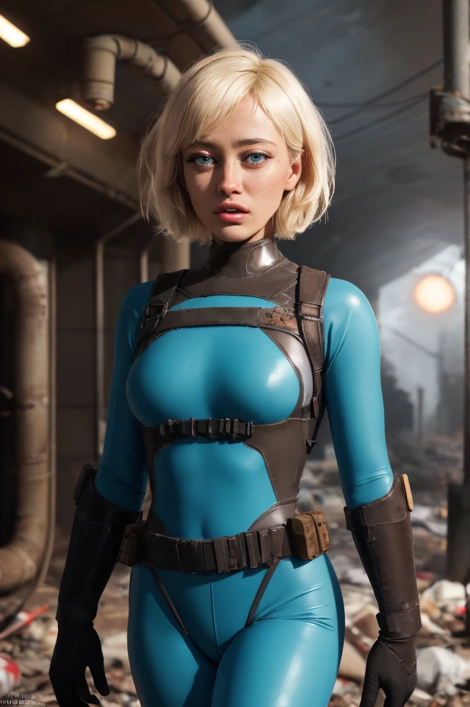 Ella Purnell, "Lucy" Fallout,, post-apocalypse, fog, light particles, (best quality, masterpiece, bokeh, highres), fallout 4, 1girl, blue vaultsuit, VaultGirl, blonde hair, narrowed eyes, short hair, without pipboy3000, leather armored, walking, holding gun, closed mouth, looking to the side, lake, nuka cola, radiation symbol, more grainy
