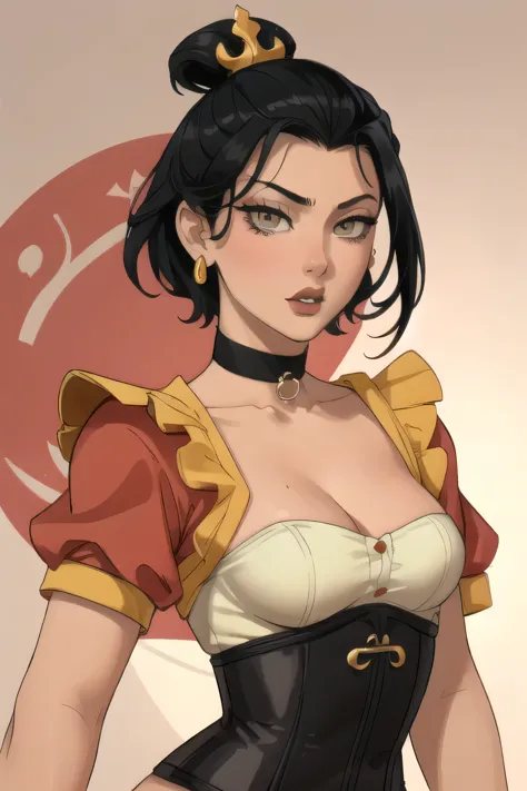 Azula. very short hair. choker. Amber gold eyes. black hair. black lips. corset. a photo of a face in the vicinity. earplug 
