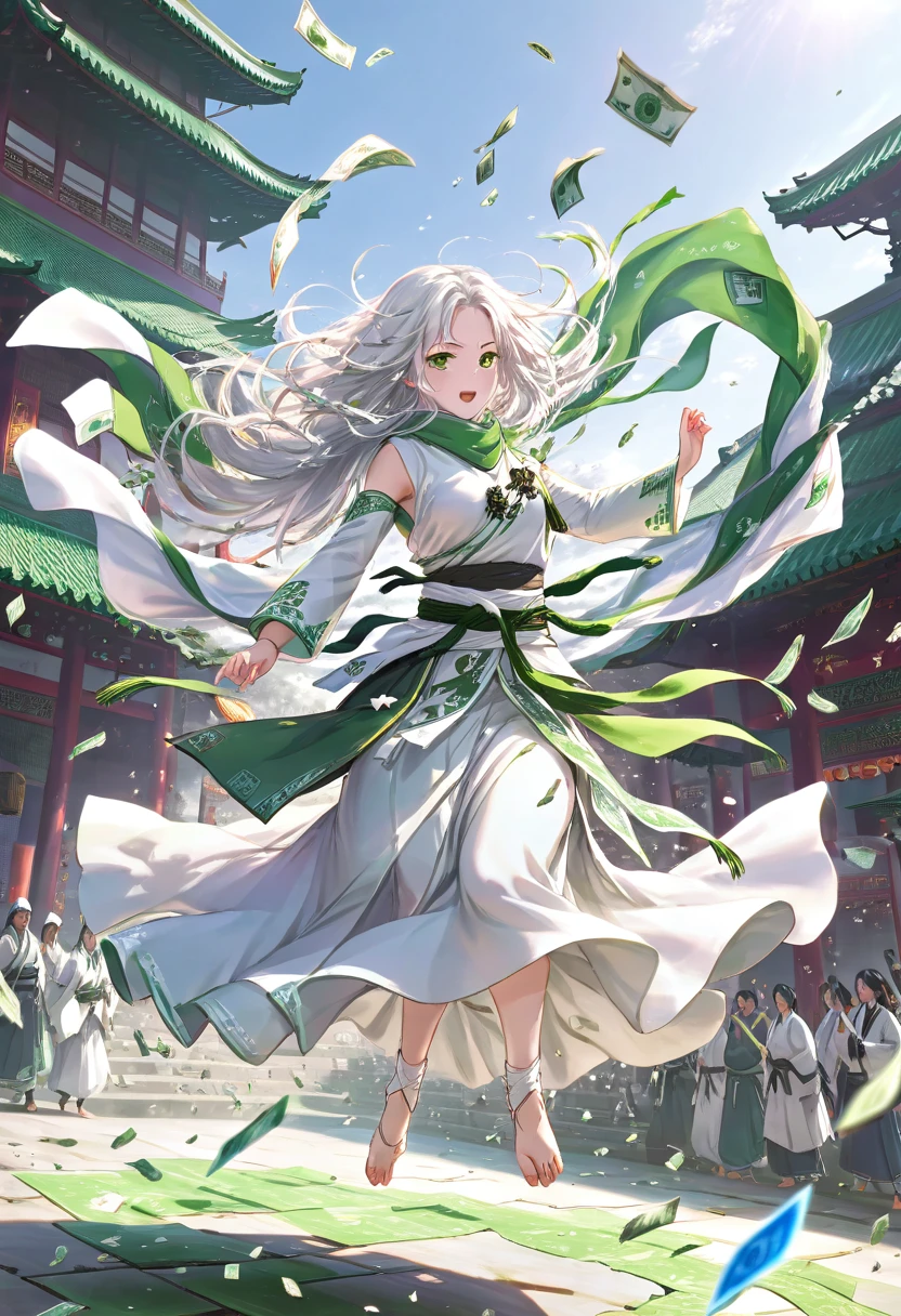 masterpiece, Highest quality, Realistic, (1 Girl: 1.3), green、Money、White clothes, Shawl Long Hair, Jump, leap, dance, green、Money、White clothes, Long skirt, Long scarf, Flowing, Light Armor, Pure white skin, Bare shoulders, whole body, (From below:1.5), martial arts, dynamics, inflammation, particle