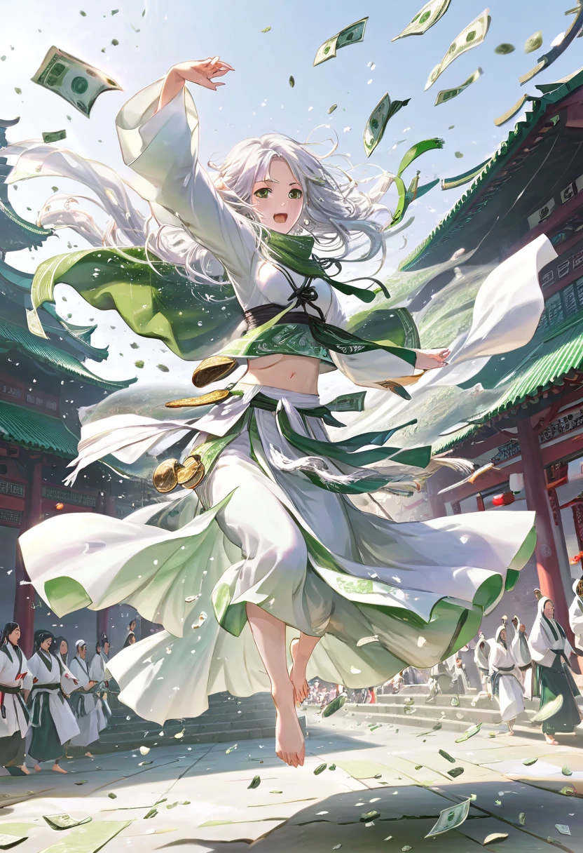 masterpiece, Highest quality, Realistic, (1 Girl: 1.3), green、Money、White clothes, Shawl Long Hair, Jump, leap, dance, green、Money、White clothes, Long skirt, Long scarf, Flowing, Light Armor, Pure white skin, Bare shoulders, whole body, (From below:1.5), martial arts, dynamics, inflammation, particle