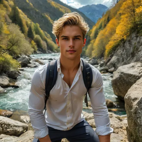 Behold a fashion editorial photo shoot featuring a photogenic and charming bleached blonde hair, 23 years old male supermodel, s...